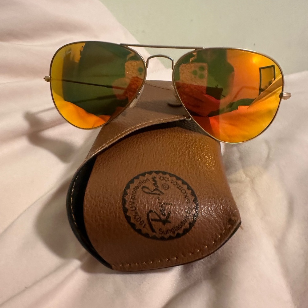 Ray-Ban Aviator Sunglasses Gold Frame Orange Mirrored Lenses w/ Case